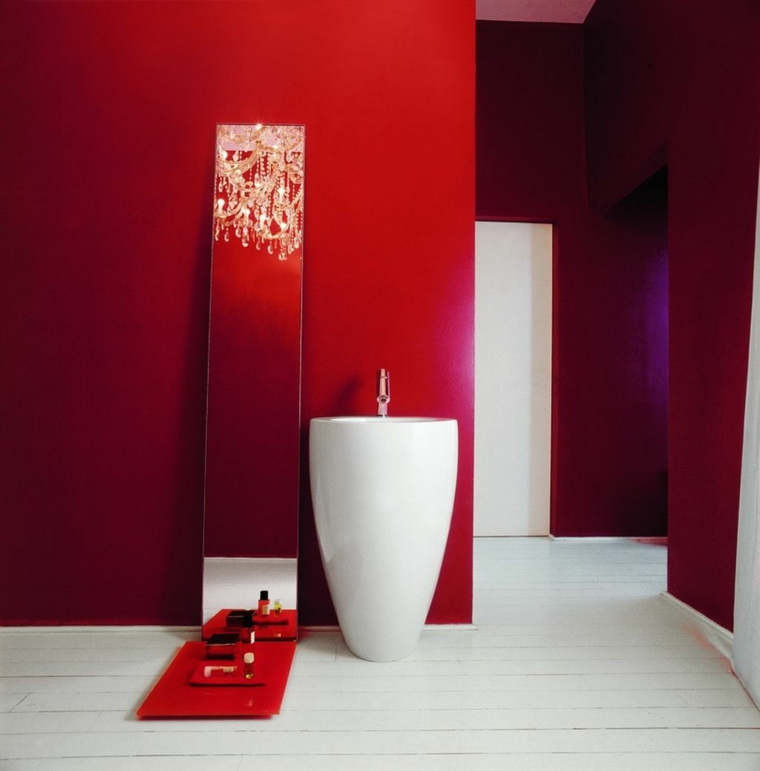 fit bathroom red wall washbasin white parquet white mirror