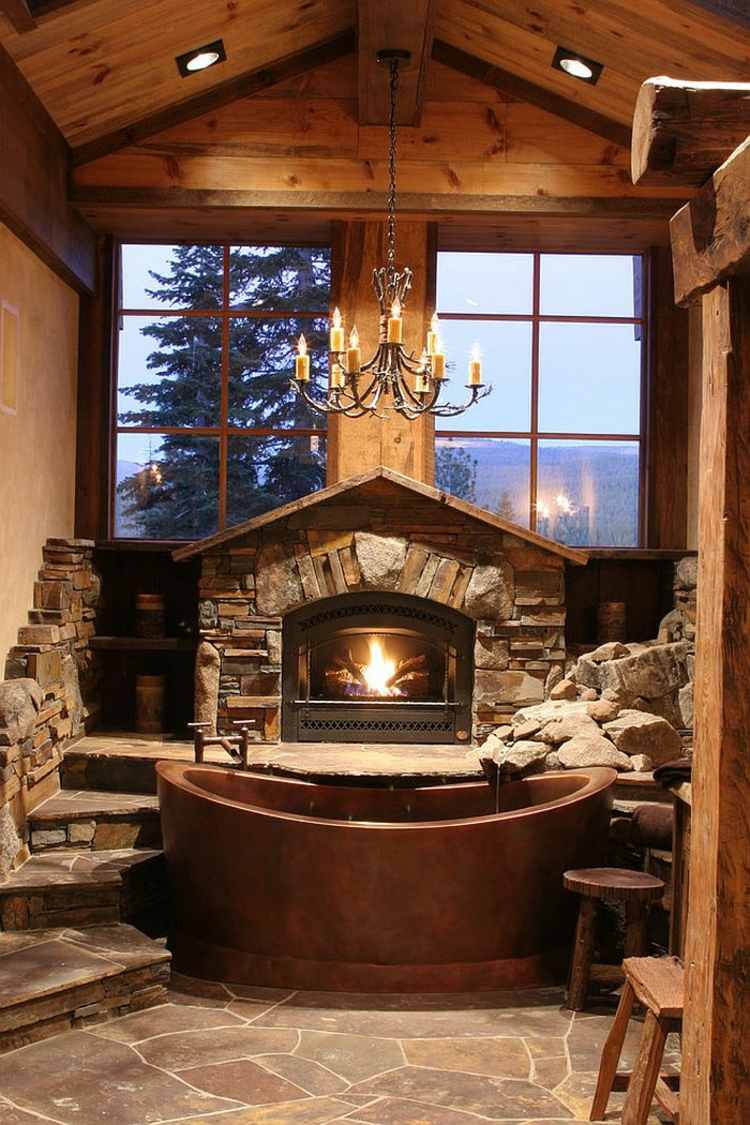 rustic bathroom fireplace