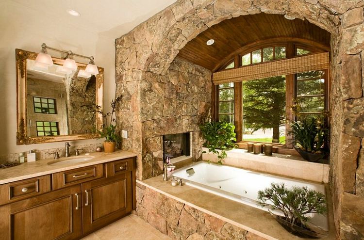 rustic bathroom stone wood