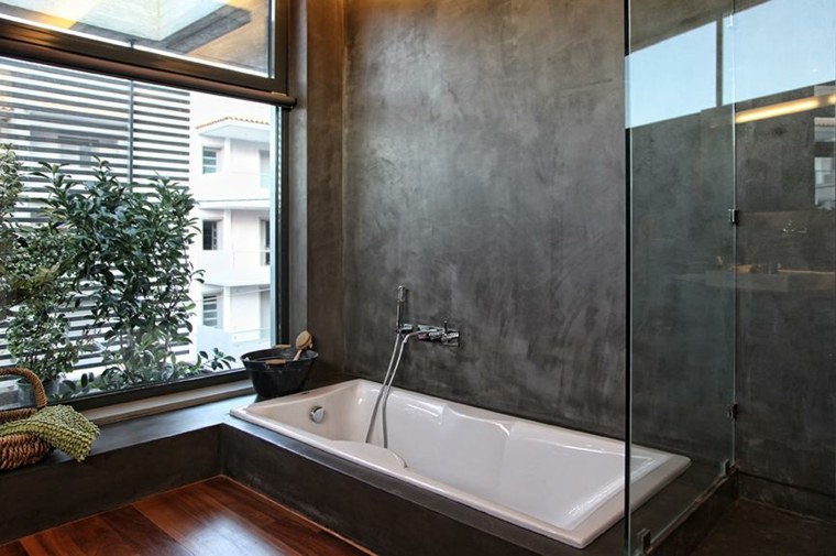 waxed concrete wall design shower cubicle bathtub deco modern bathroom