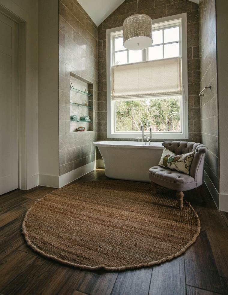 bathroom design parquet wood floor mats bathtub armchair