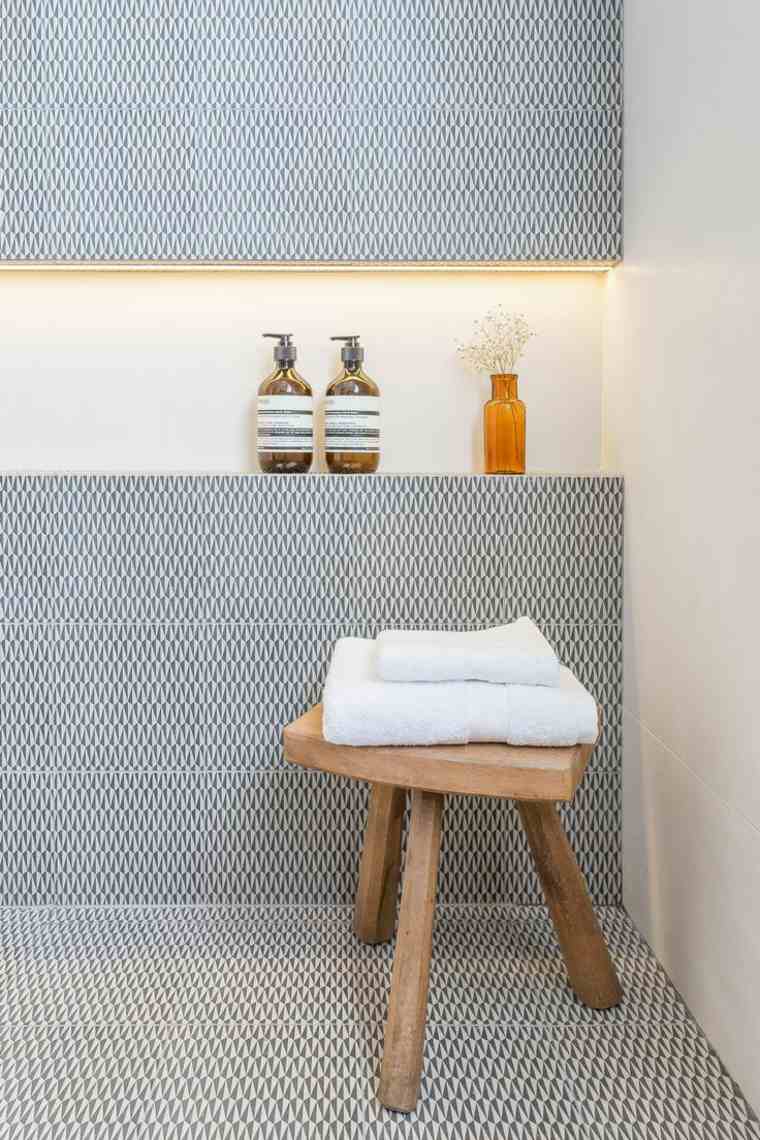 bathroom niches wall design chair wood stool tiling