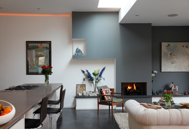 open kitchen on modern gray interior living room