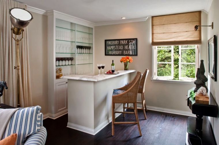 lounge with bar-stools-wood-marble-countertop