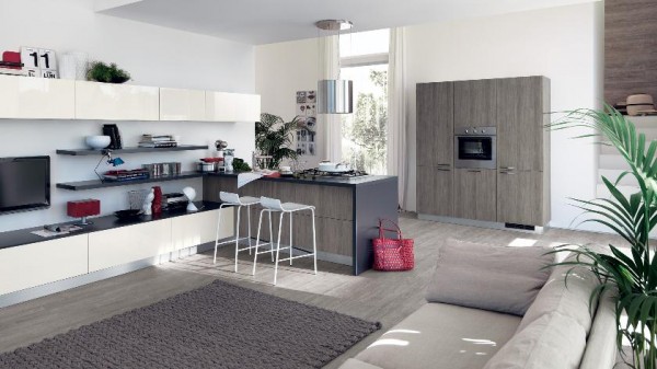 living room with modern kitchenette