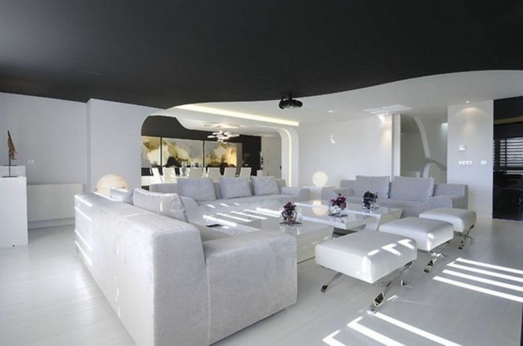 white ceiling black living room