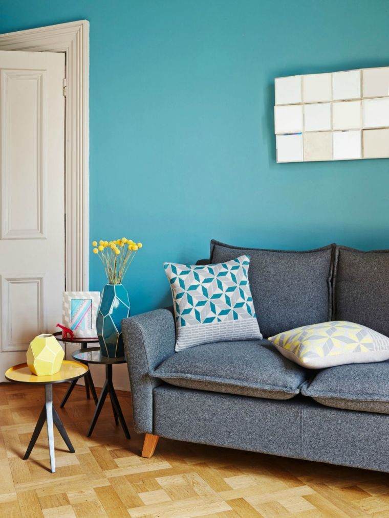 living room blue duck wall paint canape design gray accent accessory design yellow