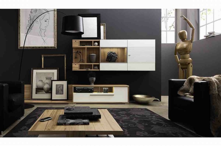 living room black wooden design coffee table floor mats gray shelves blackboard wall deco chair black