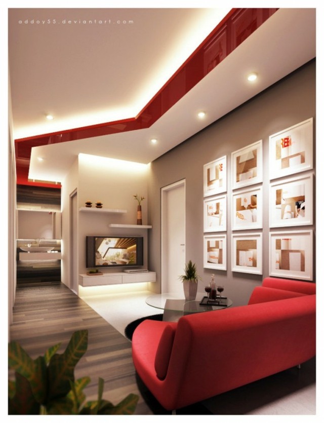 living room chic red elements bright gallery paintings