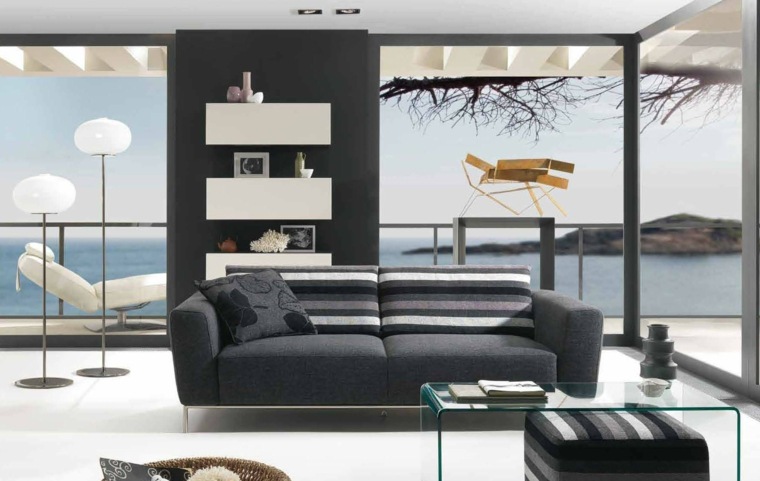 living room modern design furniture sofa gray cushions shelves white table berre