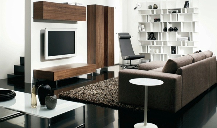 living room black contemporary design idea design floor mats brown wood furniture white shelves coffee table living room deco objects design black