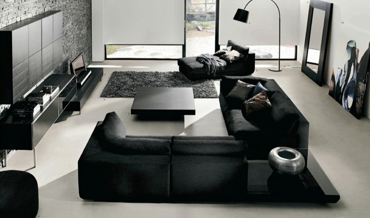 living room black design sofa black coffee table wood floor rug dark gray tiling white mirror wood frame black