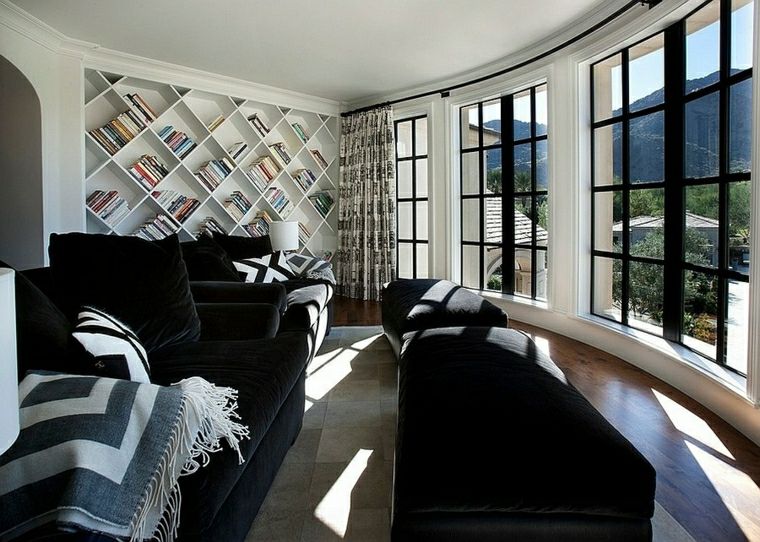 modern living room design white shelves black sofa cushions black and white idea chair modern furnishings