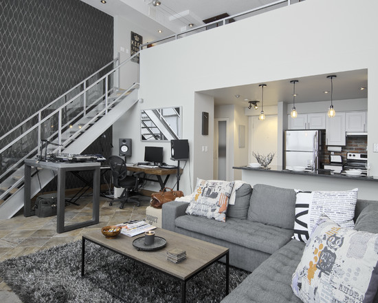 living room kitchen in gray