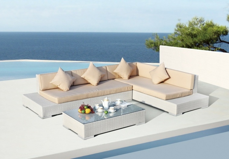 white corner sofa pool