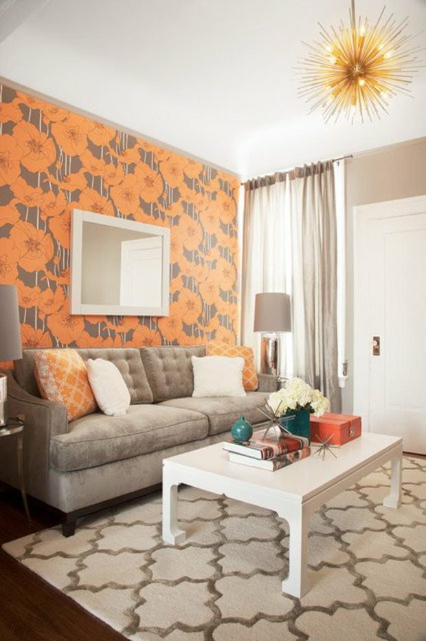 living room deco gray orange floral motifs