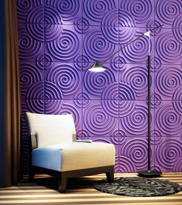 deco living room wall purple armchair white floor rug lamp design