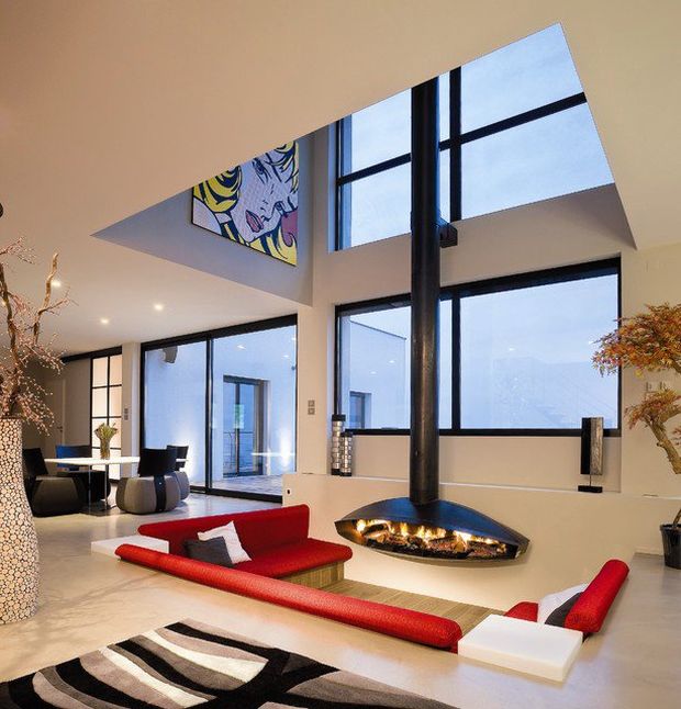 living room design sofa red table pop art deco fireplace house