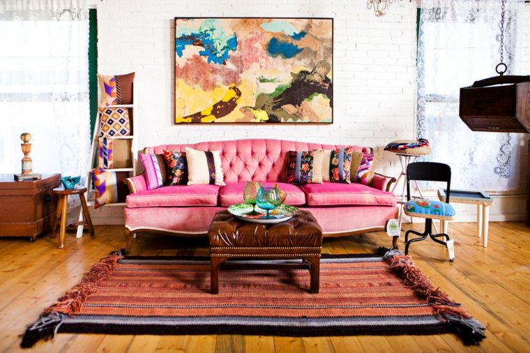 sofa pink idea cushions deco wall bohemian chic tendanc pouf leather carpet floor