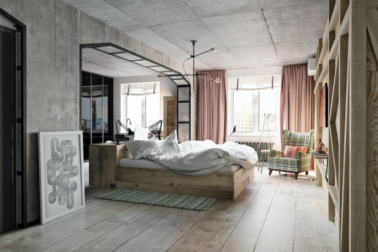 interiör vardagsrum design idé layout rymden loft modernt sovrum säng trä deco bord