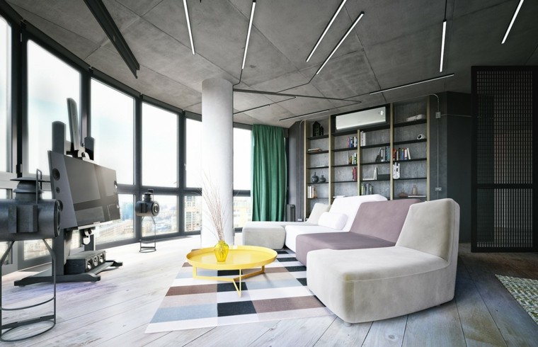 inredning loft design mattan golv soffa design vit modernt tv-bibliotek