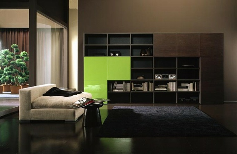 black living room contemporary design dark black floor rug modern shelves beige sofa design idea