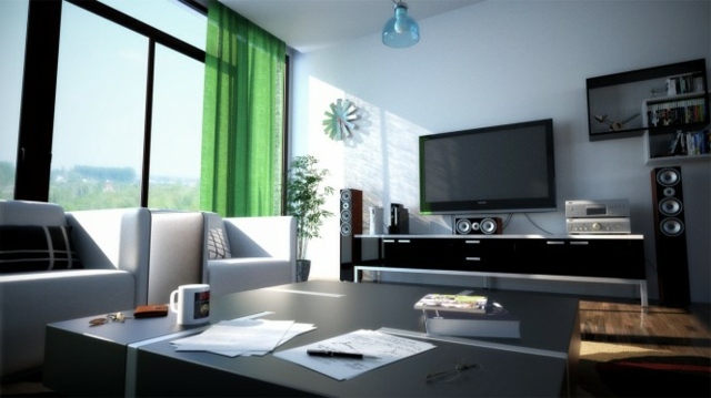 living room design ultra modern green curtains