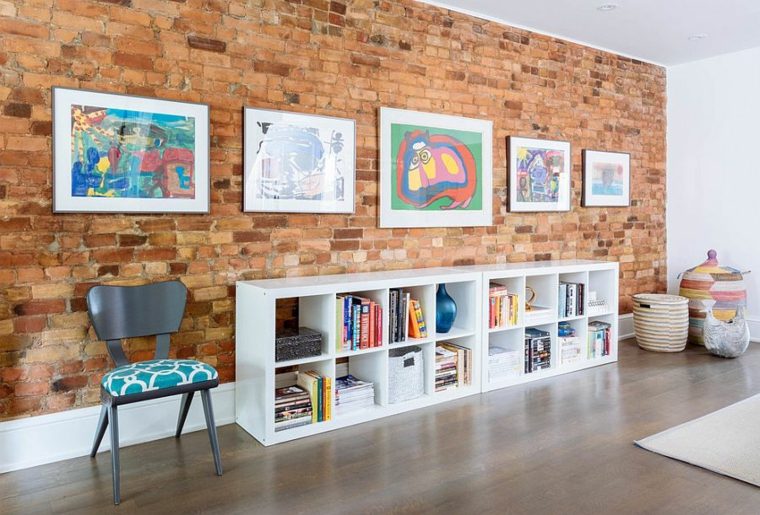 living room in red brick contemporary deco idea