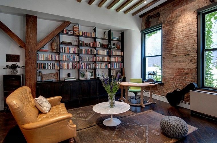 living room in red brick leather armchair