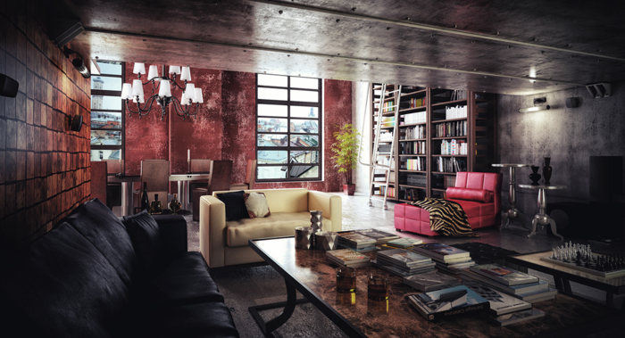 industrial style interior black sofa white sofa pink sofa red walls metal ceiling