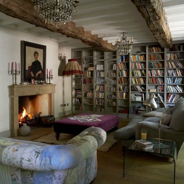 living room large library fireplace