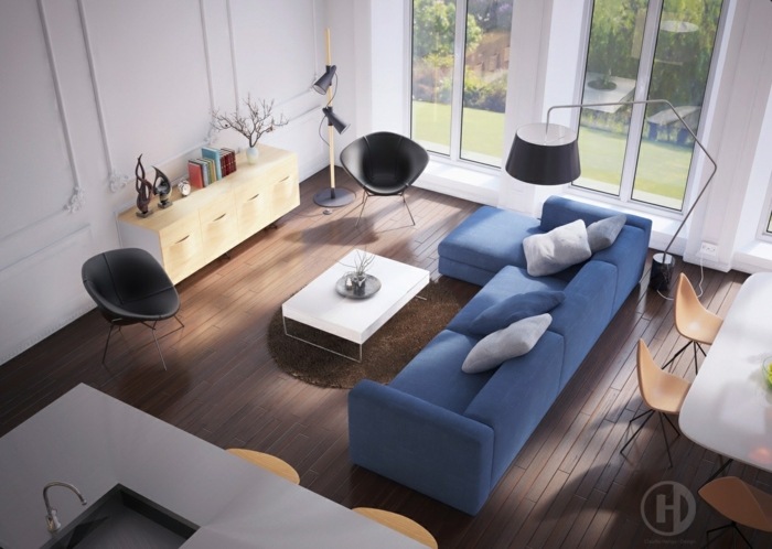 interior living room modern sofa blue parquet coffee table chairs design