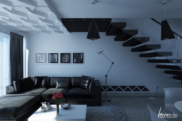 living room modern apartment loft black white