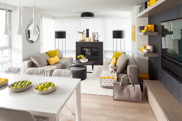 modern interior design sofa light gray cushions yellow idea carpet floor