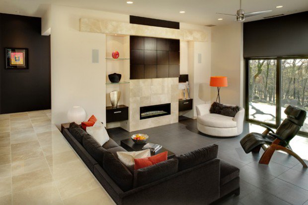 modern interior living room design sofa black armchair leather lamp orange