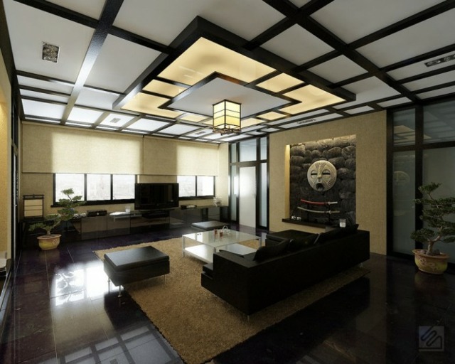 modern living room Japanese inspired deco bonsai