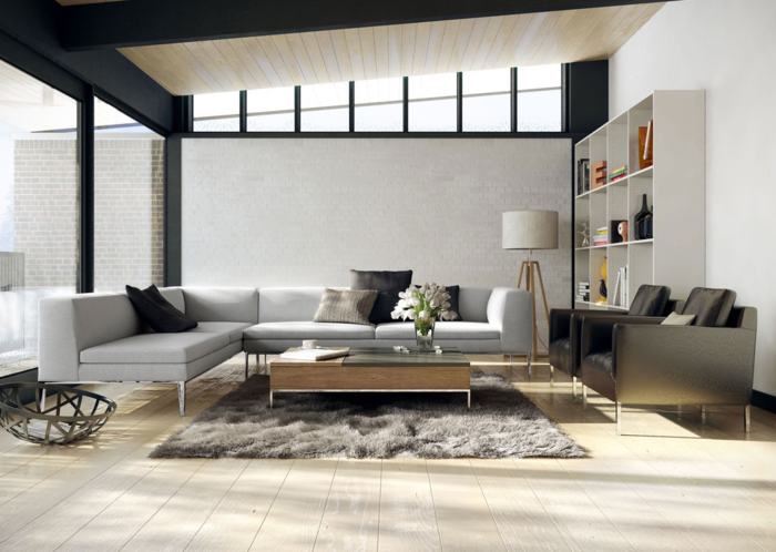 living room modern gray black white deco minimalist leather sofa wood table