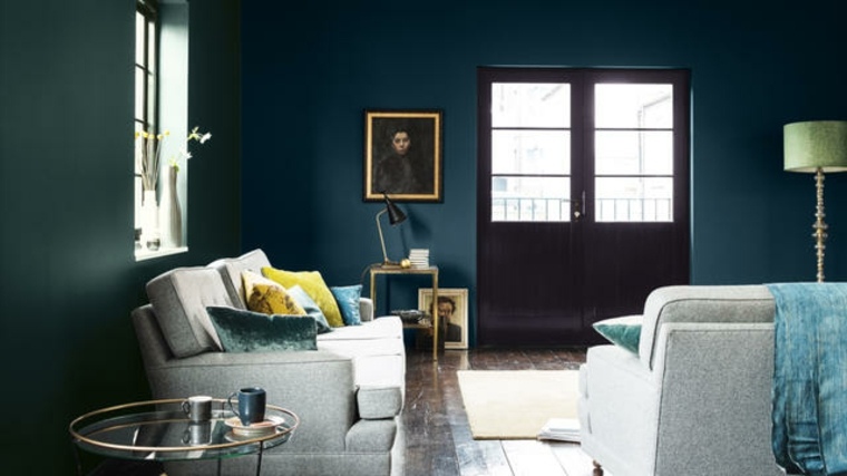 living room wall painting blue oil idea dark blue sofa light gray