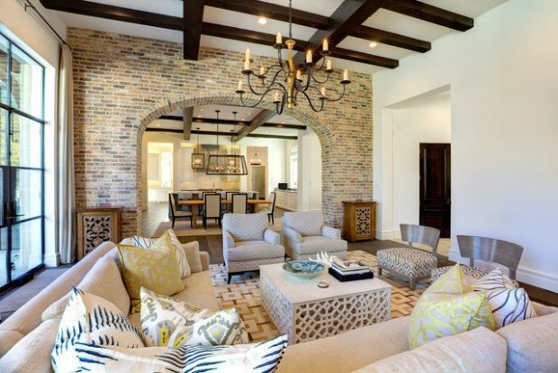 living room wall brick ceiling beams