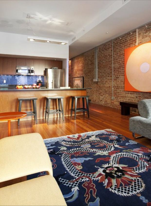 living room red brick wall