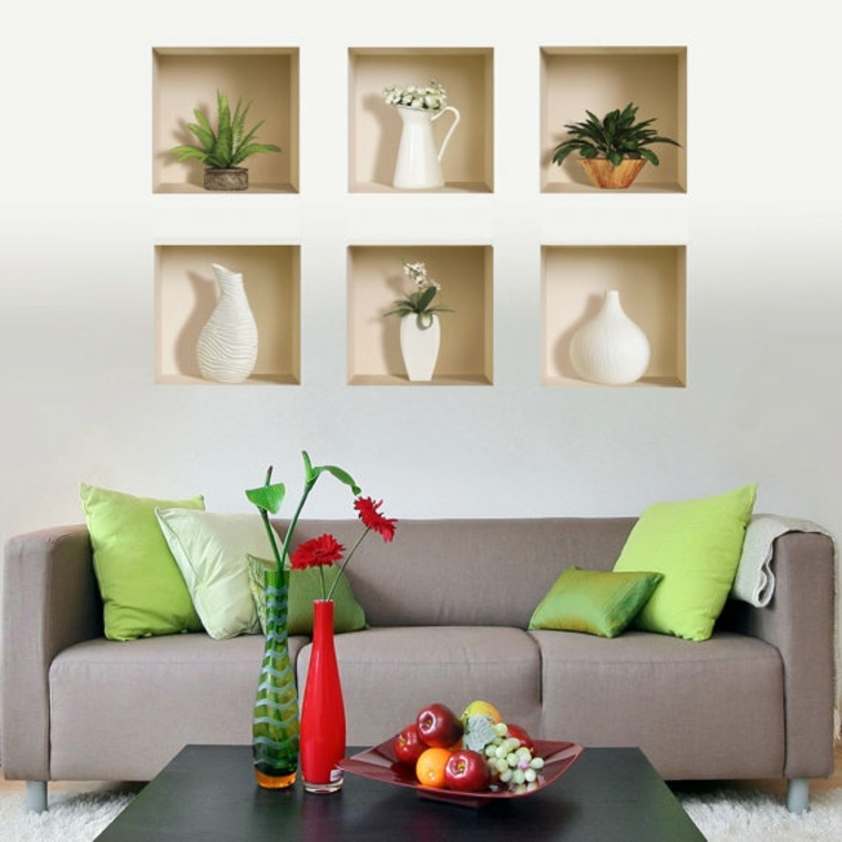 living room idea optimize shelves sofa gray cushions coffee table deco flowers