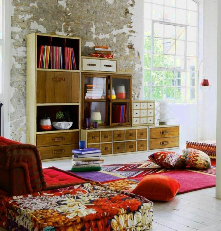 deco bohemian living room idea shelf wood design