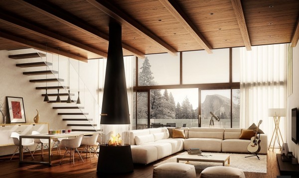 living rooms modern central fireplace wood beam