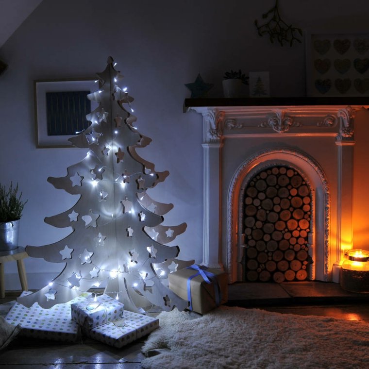 christmas tree design garland light idea living room fireplace wood floor mat white