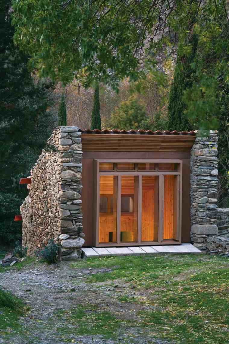 outdoor sauna stone wood