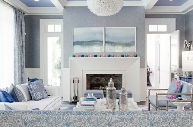 living room interior white blue fireplace mantle