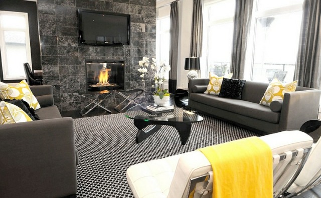 stay kitsch yellow black gray fireplace