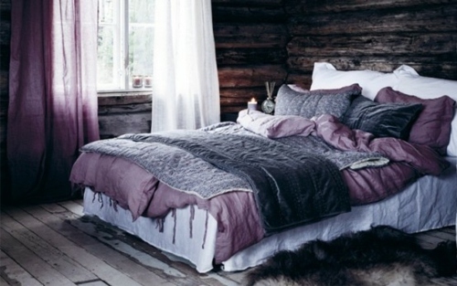 floor natural wood walls bedroom purple bed