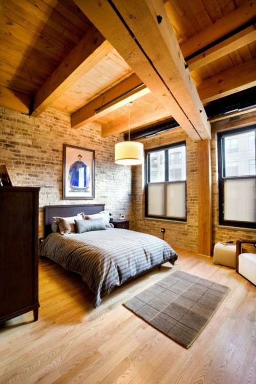 floor wood ceiling walls bricks comfortable room