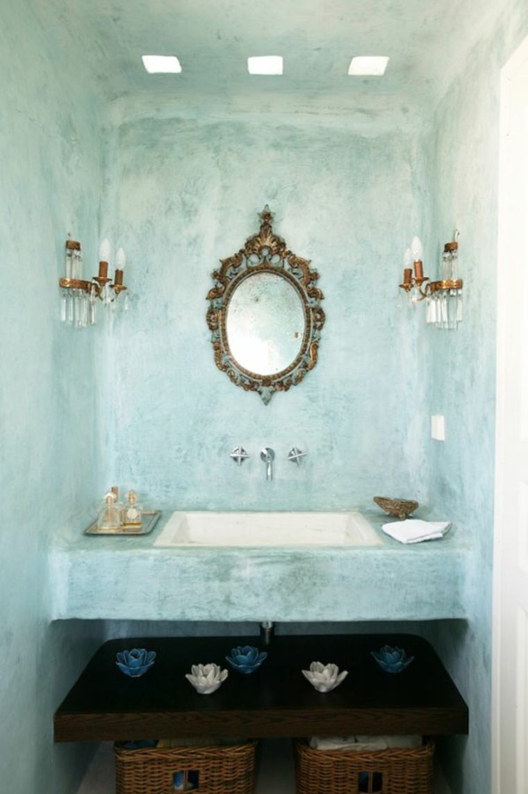 old blue bathroom design mirror frame wood